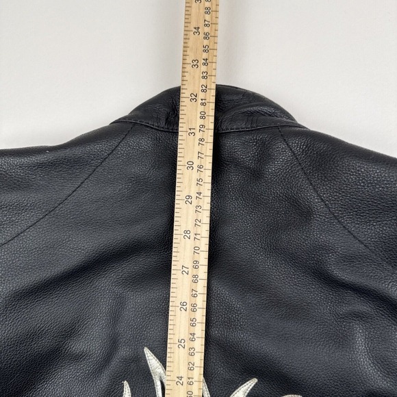 NJK Leathers Mens Biker Black Leather Jacket Pockets Lined Heavy Size XL Flames - Picture 12 of 12
